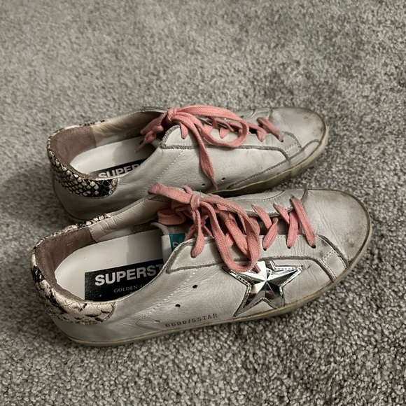 GOLDEN GOOSE SNEAKERS - white with snake skin detail pink laces and silver star - Picture 1 of 4